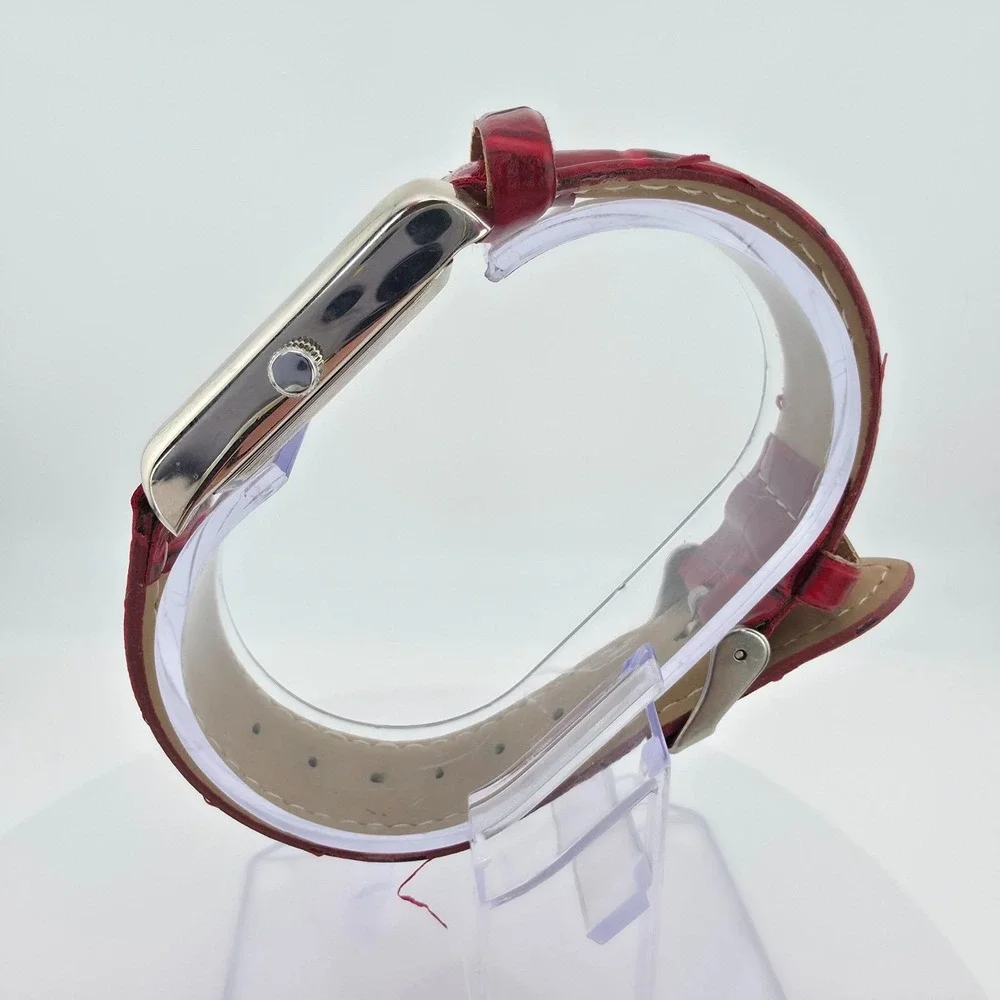 Ladies Watch Rectangle Stainless Steel Case Red Alligator Leather Band 8